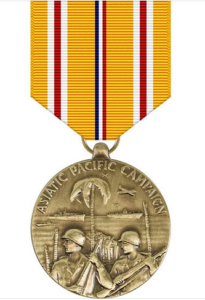 Asiatic Paciric Campaign medal depicting palm trees, U. S. Navy ships, air planes, and two U. S. soldiers wearing helmets and carrying rifles. The medal is attached to a yellow ribbon with red, white, and blue vertical stripes.