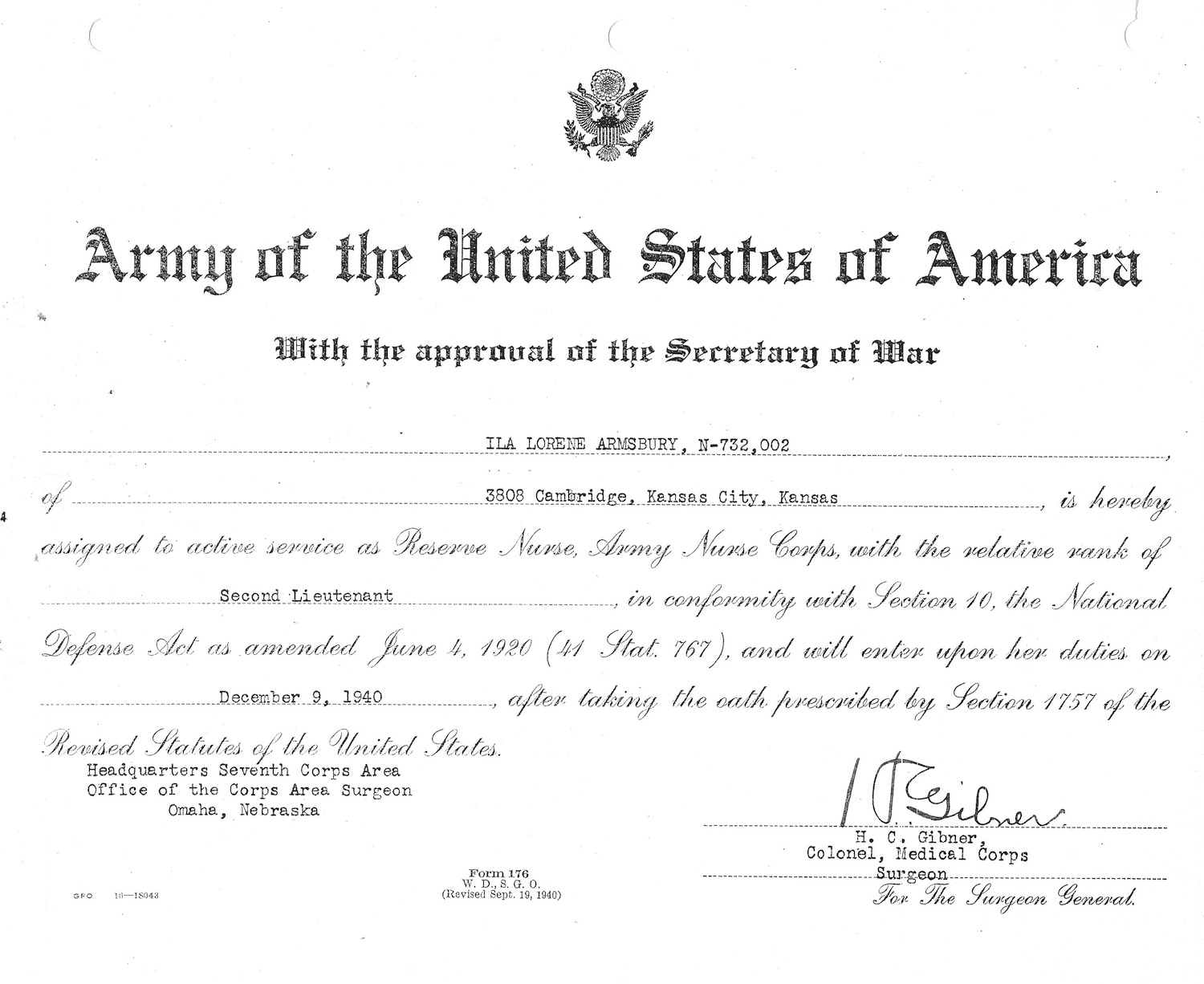 Document certifying that Ila Lorene Armsbury, with the approval of the Secretary of War, was assigned to active service as a reserve nurse in the Army Nurse Corps, December 9, 1940.