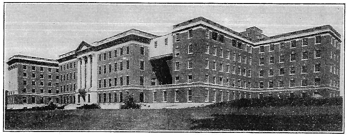 old black and white photo showing Hinch Hall, Bell Memorial Hospital, and The Barracks at the University of Kansas School of Medicine in Kansas City, Kansas, 1934.