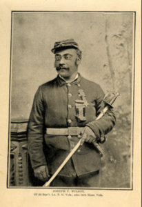 sepia-tone photo of Joseph T. Wilson in his uniform holding a sword. Wilson fought for the North and afterwards wrote a classic book about Black troops in the Revolutionary and Civil Wars.