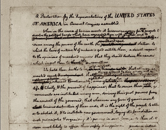 Photo of the first few sentences of the Declaration of Independence in Thomas Jefferson's handwriting. Shows the words "We hold these truths to be self-evident, that all men are created equal. . ." to show the belief in equality among humans.
